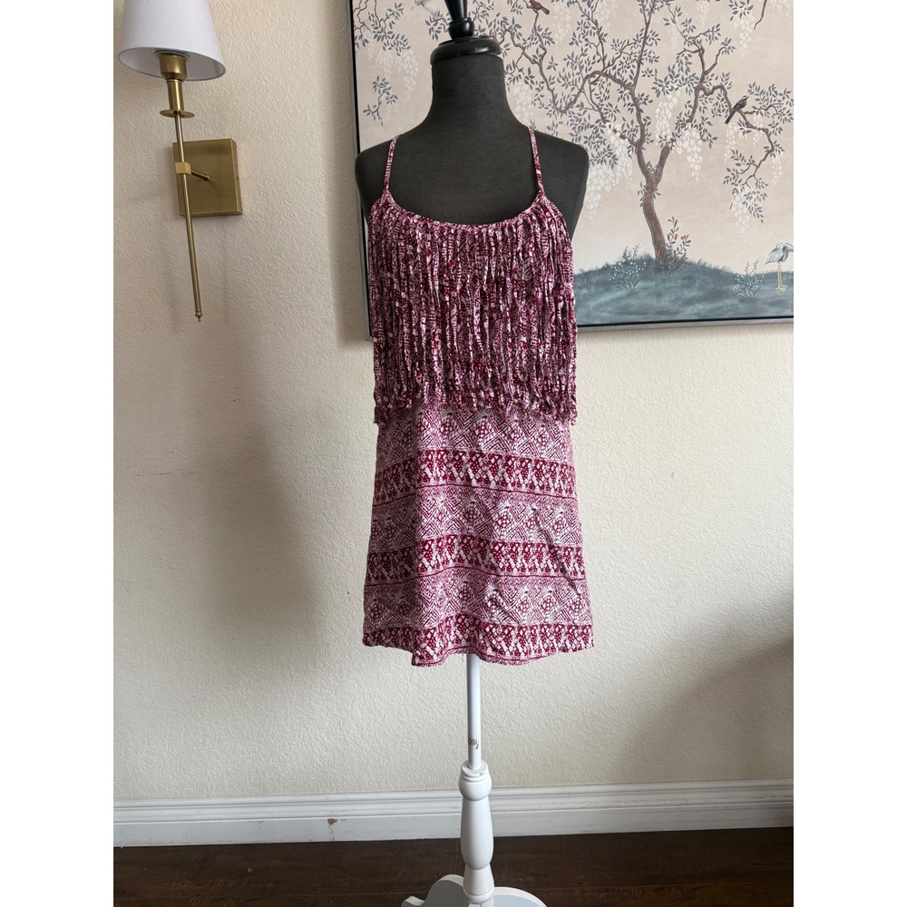 Millau Red White Tribal Print Fringe Mini Dress Small Festival Boho Racerback